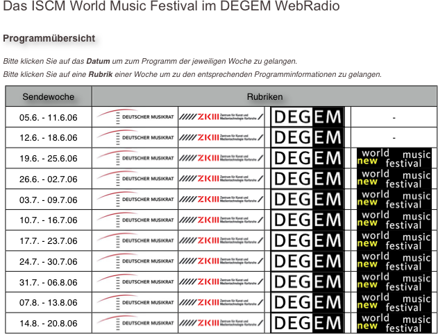 Das ISCM World Music Festival im DEGEM WebRadio

Programmübersicht

Bitte klicken Sie auf das Datum um zum Programm der jeweiligen Woche zu gelangen.
Bitte klicken Sie auf eine Rubrik einer Woche um zu den entsprechenden Programminformationen zu gelangen.
￼